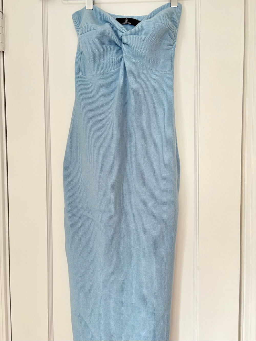 Strapless Twist Front Light Blue Midi Dress